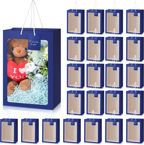Vista 9 de Yahenda - 24 bolsas de regalo grandes con ventana transparente de 13.8 x 9.8 x 5.9 pulgadas, bolsas de papel transparente para ramo de flores