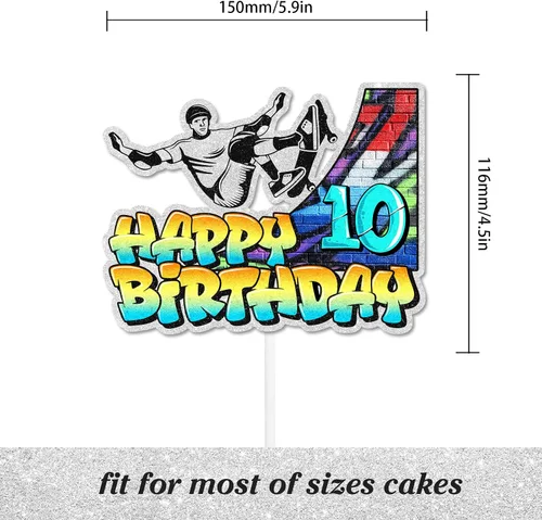 Vista 2 de Decoración de pastel de patineta retro hip hop, temática musical de décimo cumpleaños, decoración de grafiti feliz para niños y niñas, decoración
