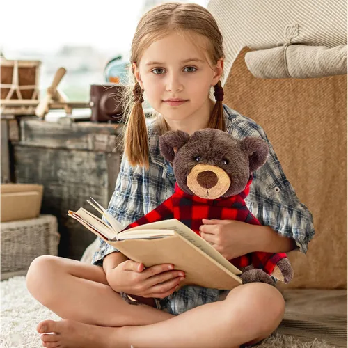 Vista 7 de DolliBu Oso marrón de felpa con capucha a cuadros rojos, oso suave y abrazable, adorable peluche de oso marrón del zoológico, bonito regalo