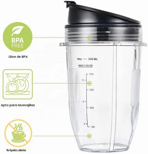 Vista 2 de Vasos de repuesto para licuadora Ninja, vaso de 18 onzas con 2 tapas de sellado para sorbos y 2 juntas de goma, compatibles con licuadoras Nutri