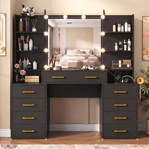 Vista 10 de Escritorio de tocador con espejo y luces, tocador de maquillaje grande de 43.5 pulgadas con parte superior de vidrio y 9 cajones, mesa de maquillaje