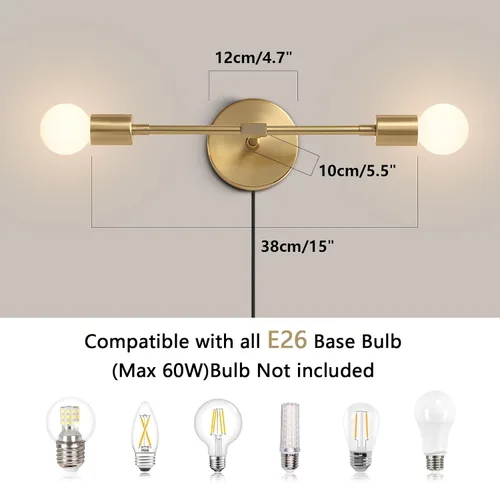 Vista 2 de KCO Lámpara de pared dorada con 2 luces para tocador de baño, luz de lectura de pared de latón, moderna de mediados de siglo, para pasillo, sala