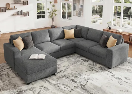 Vista 18 de HONBAY Sofá modular de pana con almacenamiento, sofá en forma de U con diván, sofá modular de 7 plazas para sala de estar, color beige