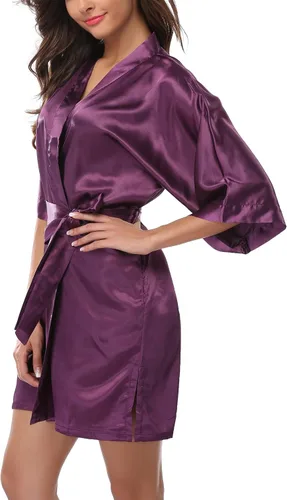 Vista 2 de sunshinemall Bata de fiesta nupcial para mujer, kimono corto de satén para novia y dama de honor, camisón de pijama sedoso