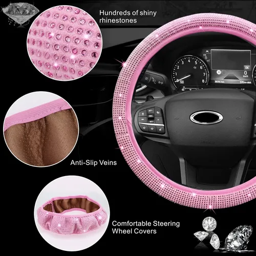 Vista 2 de Juego de accesorios brillantes para auto MAIMEIMI para mujeres con decoraciones de strass para interior con fundas para volante, marco