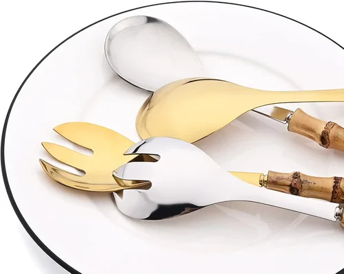 Vista 6 de Juego de 4 utensilios para servir con mango de bambú, acero inoxidable 304, cuchara larga Hanlde para cocina, bufé, banquete, boda, fiesta, cocina