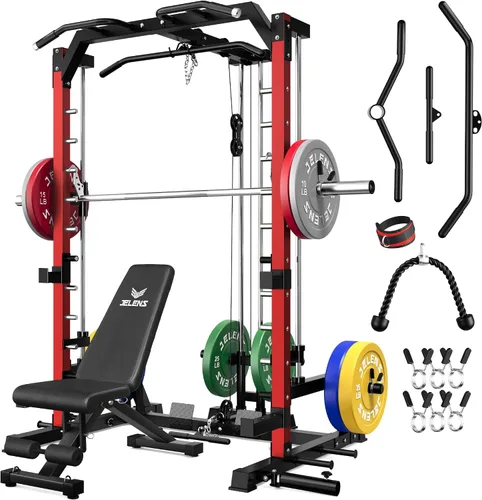 Vista 13 de JELENS SR01 Smith Machine, jaula de potencia multifunción de 2000 libras con sistema de extracción LAT, estante para sentadillas todo en uno
