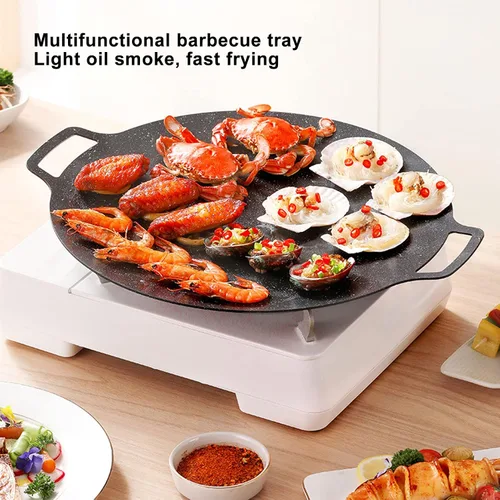 Vista 3 de Sartén coreana, sartén redonda antiadherente de 11.8 pulgadas para barbacoa coreana, parrilla redonda con asa, placa de estufa multifuncional