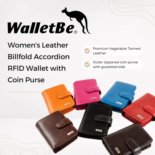 Vista 2 de WalletBe Cartera RFID de acordeón de cuero para mujer con monedero, Azul, contemporáneo