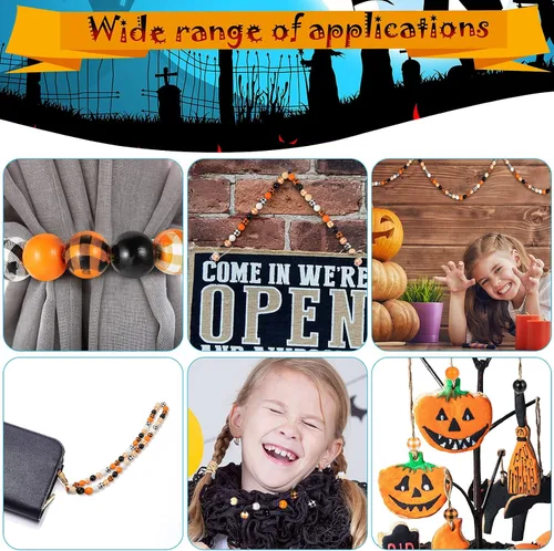 Vista 7 de 200 piezas de cuentas de madera de Halloween con estampado de tartán de búfalo en amarillo, naranja y negro, cuentas espaciadoras de madera redondas