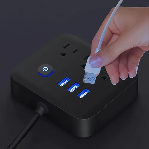 Vista 6 de Regleta de alimentación con protección contra sobretensiones, puertos USB, estación de carga de escritorio, enchufe plano, montaje en pared, cable