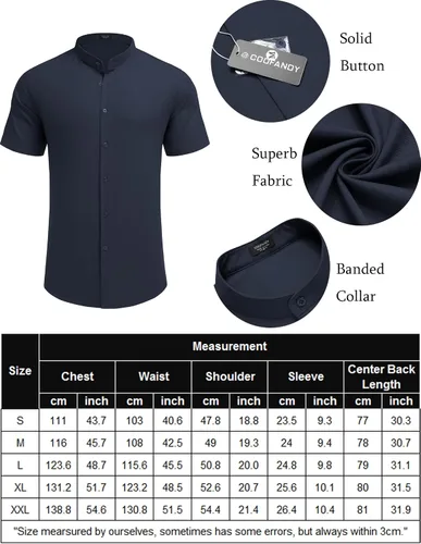 Vista 5 de COOFANDY Men's Short Sleeve Linen Shirt Band Collar Button Down Shirts Summer Beach Shirt