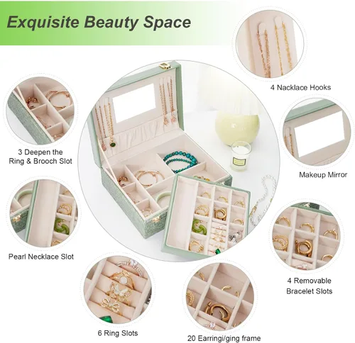 Vista 2 de Zumier Joyero organizador portátil para mujeres y niñas con piel sintética, caja organizadora de aretes con espejo de maquillaje para cumpleaños