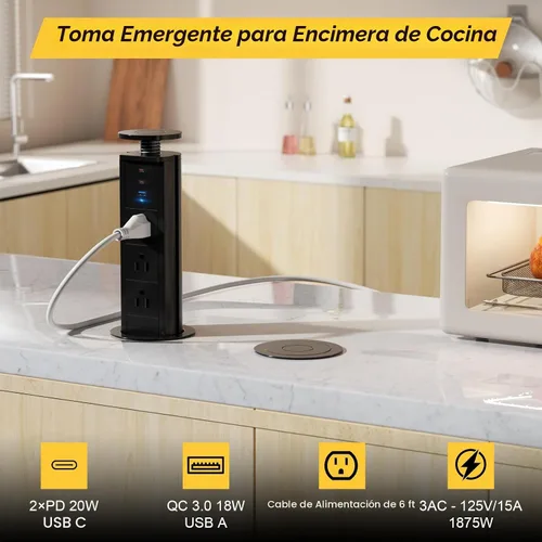 Vista 3 de Kungfuking Toma de corriente desplegable para encimera, enchufe con 3 salidas de CA y 2 PD 20 W USB-C y 1 puerto USB, oficina de conferencias