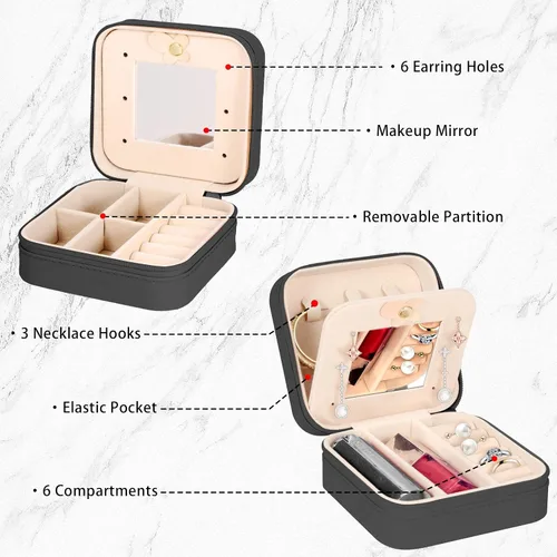 Vista 4 de Mini joyero de viaje, pequeñas cajas organizadoras de joyas, cajas portátiles de almacenamiento de regalos para anillos, colgantes, aretes
