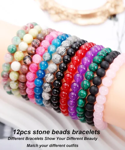 Vista 6 de BOMAIL Juego de 12 pulseras de piedras semipreciosas de 0.315 pulgadas (0.315 in), pulseras elásticas de cristal curativo para mujeres y hombres