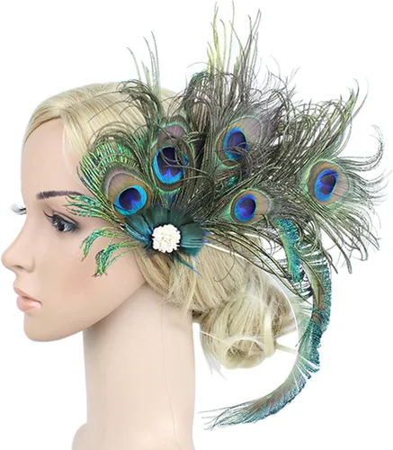 Vista 3 de Z&X Diadema de plumas de pavo real con clip para el cabello, disfraz de los años 20