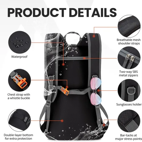 Vista 4 de Venture Pal - Mochila de senderismo ligera y plegable para viajes de 40L, para día a día - Negro