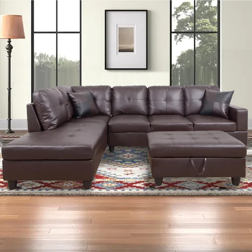 Vista 23 de Sofá modular para sala de estar, sofá seccional de cuero marrón en forma de L con diván y otomano de almacenamiento para sala de estar, B- marrón