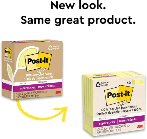 Vista 8 de Post-it Notas superadhesivas 100% recicladas, 3 x 3 pulgadas, amarillo canario, 5 blocs