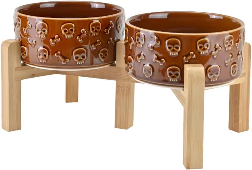 Vista 17 de SPUNKYJUNKY Cuencos elevados de cerámica para perros, 5.1 pulgadas, para comida de perros y gatos, cuencos elevados con soporte de bambú Verde oscuro