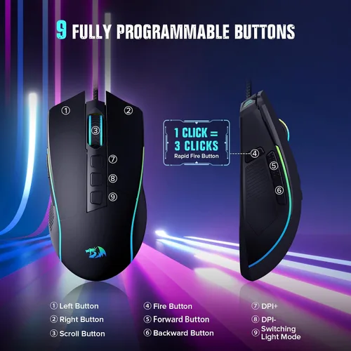 Vista 4 de Redragon Ratón para juegos, mouse para juegos con cable con sensor Opitacl de 16,000 DPI, mouse con botón de fuego, edición macro programable RGB