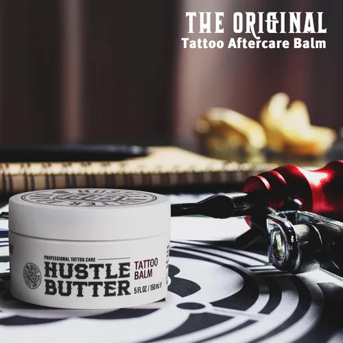 Vista 6 de Hustle Butter Tattoo Aftercare 5oz At Home y 1oz Bálsamo de cuidado posterior de tamaño de viaje, úsalo mientras cura nuevos tatuajes