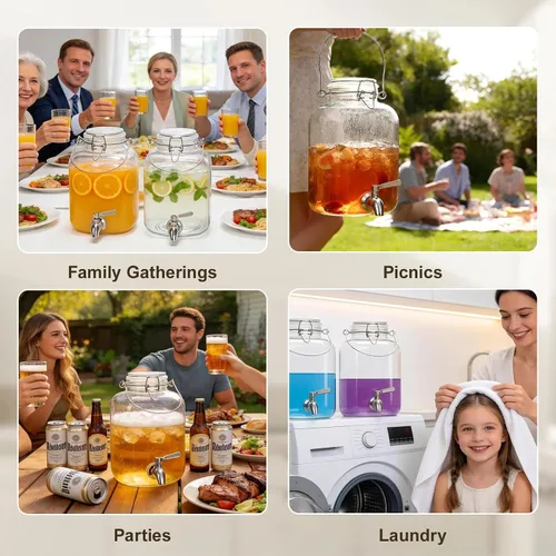 Vista 8 de Dispensador de bebidas de vidrio para fiestas, dispensador de bebidas de 1 galón con espita y asa, dispensador de agua de vidrio, dispensadores