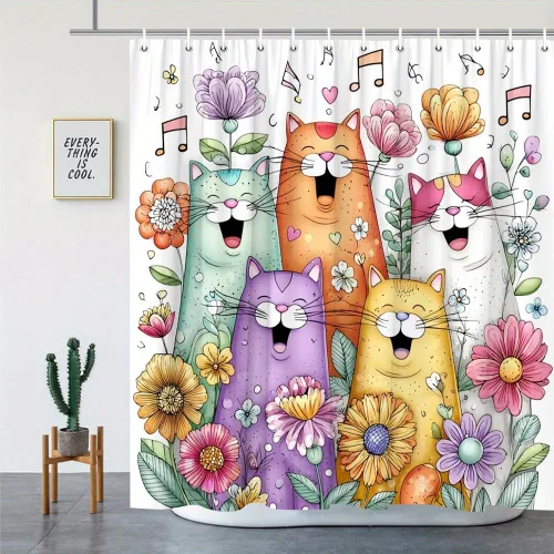 Vista 8 de Divertidos juegos de cortinas de ducha con diseño de gato, bonita cortina de ducha para niños, tela lavable y duradera, cortina de ducha de 72 x 72