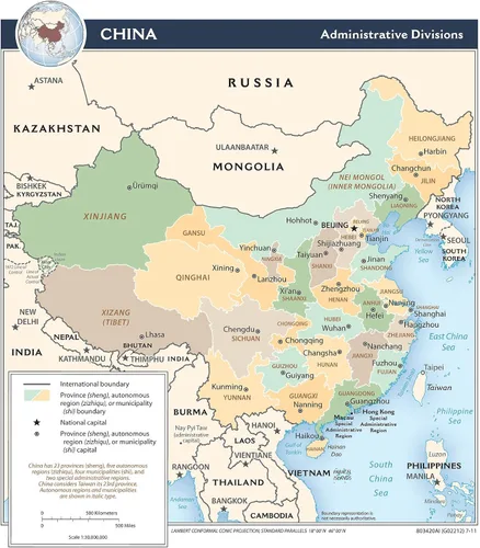 Vista 5 de Mapa de China - Mapa de pared de la CIA de las divisiones administrativas en inglés - Países de Asia - Hogeshooling maestros estudiantes decoración