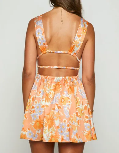 Vista 5 de Vestido corto casual de verano para mujer, diseño floral, cuello en V, sin mangas, con lazo, sin espalda, acampanado, vestido corto para fiesta