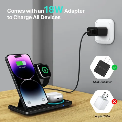 Vista 4 de Estación de carga inalámbrica plegable para múltiples dispositivos Apple, cargador inalámbrico 3 en 1 para iPhone 13/12/11 Pro Max/X/Xs Max/8/8