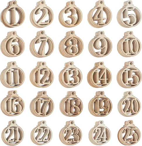 Vista 10 de NBEADS 96 piezas de números de madera para Navidad, 1-24 calendario de Adviento de cuenta regresiva de Navidad, colgantes de números de madera