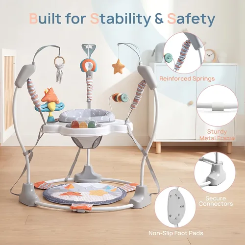 Vista 7 de Centro de Actividad para Bebé, Centro de Actividad con Saltador para Bebé con Música, Juguetes Interactivos, Asiento Giratório de 360°, 3 Alturas