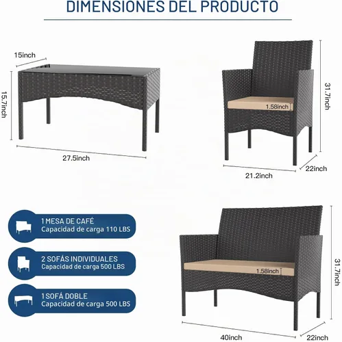 Vista 5 de Kullavik - Juego de muebles de patio de 4 piezas, sillas de mimbre de polietileno