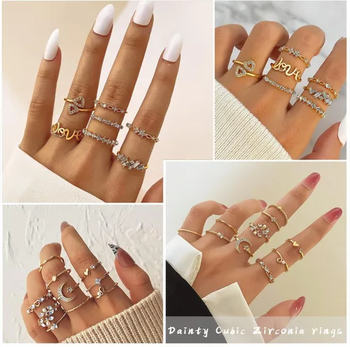 Vista 4 de IFKM Juego de 51 anillos dorados para nudillos para mujeres y niñas, vintage, apilables, anillos midi, delicados, circonita cúbica, cristal, simple