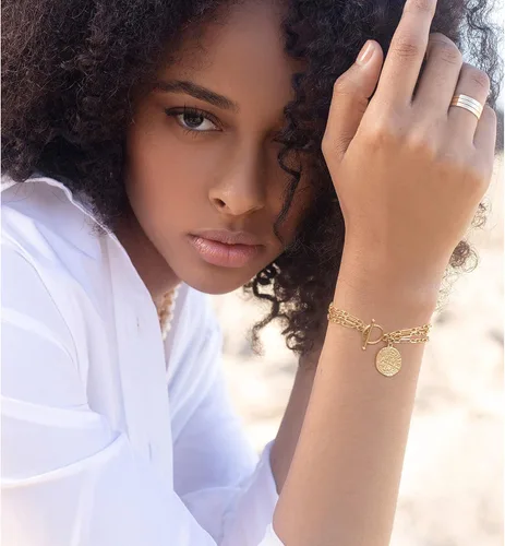 Vista 2 de PEARLADA 18k Gold Chain Layerd Bracelet Coin Charm Toggle Bracelet Trendy Cubic Zirconia Jewelry