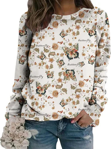 Vista 8 de Sudadera clásica de cuello redondo con patrón de flores boho para primavera y otoño, suave, cómoda, de inspiración retro, pieza de capas para mujer