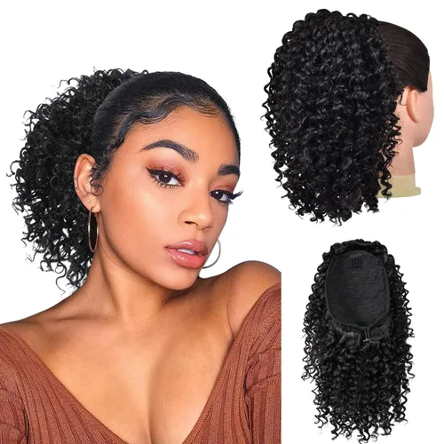 Vista 9 de PEACOCO Cola de caballo afro rizada con cordón para mujeres negras, extensiones de cola de caballo afro de 6 pulgadas, cabello sintético con 2 1b