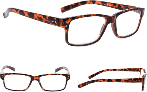 Vista 4 de Gafas de lectura, paquete de 5 bisagras de resorte para mujeres y hombres, incluye 3 negras 2 tortugas +0.00