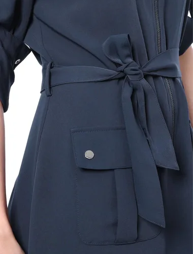 Vista 6 de Allegra K Vestido camisero con cuello y cinturón de safari con mangas enrollables para mujer, M