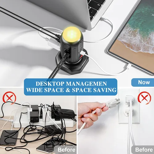 Vista 3 de Torre de tira de alimentación con luz nocturna colorida, 15 tomas de CA y 6 puertos USB de carga rápida, cable de extensión retráctil con múltiples