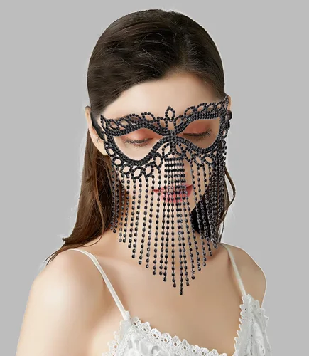 Vista 3 de Bellady Máscara de Mardi Gras con flecos de ojo de gato con diamantes de imitación y lazo trasero