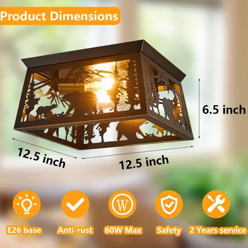 Vista 2 de Lámpara rústica, lámpara de techo empotrada de 2 luces, diseño de oso de metal para dormitorio, vestíbulo, entrada, pasillo, montaje en techo