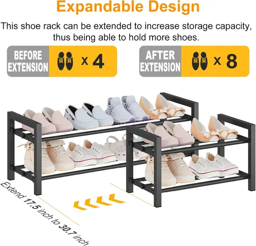 Vista 4 de Detsuk estante de zapatos ampliable de 2 niveles (44.5 cm-78 cm) – Estante organizador de zapatos ajustable de metal resistente para armario