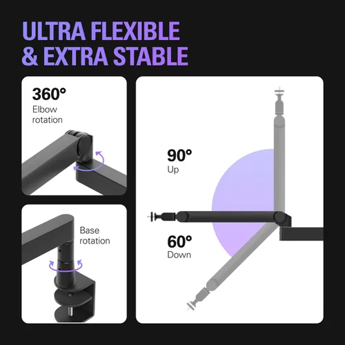 Vista 6 de Elgato Wave Mic Arm Pro - Brazo de micrófono de resorte de gas de perfil bajo giratorio 360°, funciona con micrófonos/Shure SM7B/HyperX