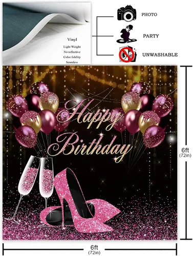 Vista 2 de Avezano Telón de fondo de cumpleaños con purpurina rosa y negro para niñas y mujeres, sesión de fotos, pancarta de fiesta de feliz cumpleaños
