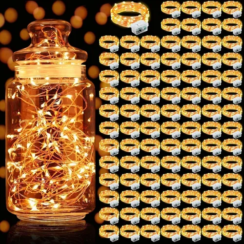Vista 55 de Aogist Paquete de 24 luces de hadas, 3 modos, 2,1 metros, 20 luces LED, impermeables, cable plateado, funcionan con pilas, mini luces de alambre