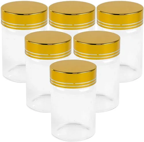 Vista 11 de 6 botellas de vidrio transparente de 1.7 fl oz con tapa de aluminio dorado, adecuadas para recepción de cocina, azafrán, té, almacenamiento