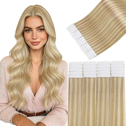 Vista 16 de Easyouth Extensiones de cabello humano rubio con cinta, extensiones de cabello humano rubio blanco, 12 pulgadas, 20 unidades, 1.06 onzas